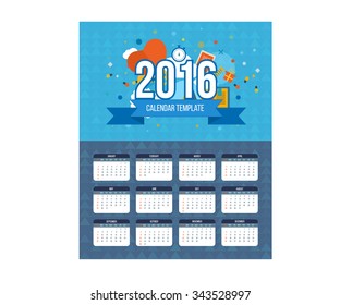 Calendar 2016 year design. English, Sunday start. 