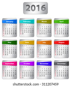 Calendar for 2016 year in English with colorful stickers. Vector illustration