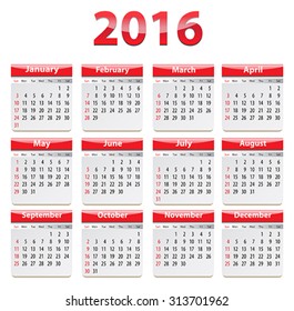 Calendar for 2016 year in English. Vector illustration