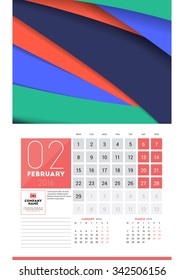 Calendar for 2016 Year. February. Vector Design Clean Template with Modern Abstract Background, Logo and Place for Notes. Week Starts Monday