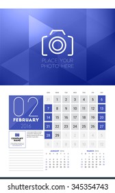 Calendar for 2016 Year. February. Vector Design Clean Template with Modern Abstract Background, Logo and Place for Notes. Week Starts Sunday. Current, Previous and Next Months on the Page