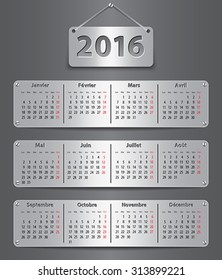 Calendar for 2016 year in French with attached metallic tablets. Vector illustration