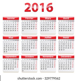 Calendar for 2016 year in French. Vector illustration