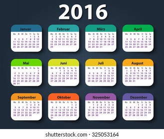 Calendar 2016 year German. Week starting on Monday. eps