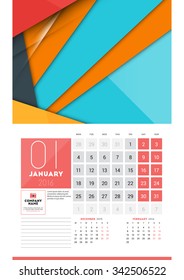 Calendar for 2016 Year. January. Vector Design Clean Template with Modern Abstract Background, Logo and Place for Notes. Week Starts Monday