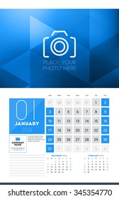 Calendar for 2016 Year. January. Vector Design Clean Template with Modern Abstract Background, Logo and Place for Notes. Week Starts Sunday. Current, Previous and Next Months on the Page