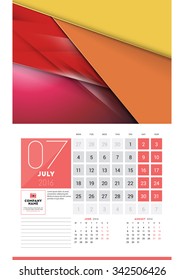 Calendar for 2016 Year. July. Vector Design Clean Template with Modern Abstract Background, Logo and Place for Notes. Week Starts Monday