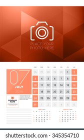 Calendar for 2016 Year. July. Vector Design Clean Template with Modern Abstract Background, Logo and Place for Notes. Week Starts Sunday. Current, Previous and Next Months on the Page