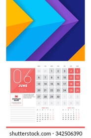 Calendar for 2016 Year. June. Vector Design Clean Template with Modern Abstract Background, Logo and Place for Notes. Week Starts Monday