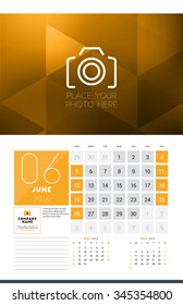 Calendar for 2016 Year. June. Vector Design Clean Template with Modern Abstract Background, Logo and Place for Notes. Week Starts Sunday. Current, Previous and Next Months on the Page