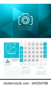 Calendar for 2016 Year. March. Vector Design Clean Template with Modern Abstract Background, Logo and Place for Notes. Week Starts Sunday. Current, Previous and Next Months on the Page