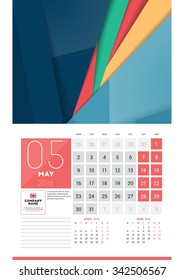 Calendar for 2016 Year. May. Vector Design Clean Template with Modern Abstract Background, Logo and Place for Notes. Week Starts Monday