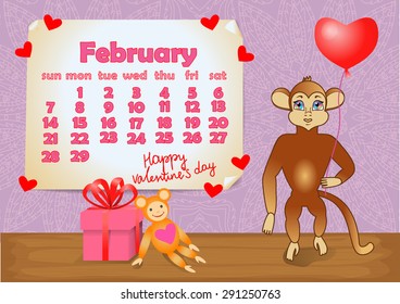 Calendar 2016 year with Monkey. February 