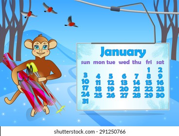 Calendar 2016 year with Monkey. January 