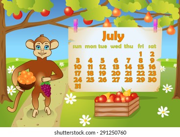 Calendar 2016 year with Monkey. July