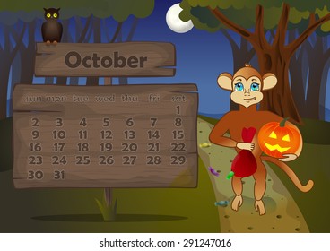 Calendar 2016 year with Monkey. October