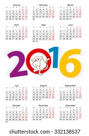 Calendar 2016, Year of the Monkey. Week starts from Monday.Vector Illustration.