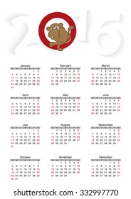 Calendar 2016, Year of the Monkey. Week starts from Sunday. Vector Illustration.