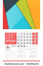 Calendar for 2016 Year. November. Vector Design Clean Template with Modern Abstract Background, Logo and Place for Notes. Week Starts Monday