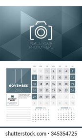 Calendar for 2016 Year. November. Vector Design Clean Template with Modern Abstract Background, Logo and Place for Notes. Week Starts Sunday. Current, Previous and Next Months on the Page