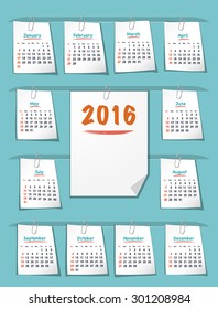 Calendar for 2016 year on sticky notes attached to the background with paper clips. Sundays first. Flat design vector illustration