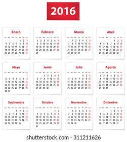 Calendar for 2016 year on white papers in Spanish. Vector illustration