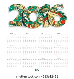 Calendar 2016 year on White Background. Week Starts Sunday, US. Simple Vector Template