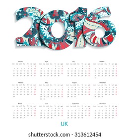 Calendar 2016 year on White Background. Week Starts Monday, UK. Simple Vector Template