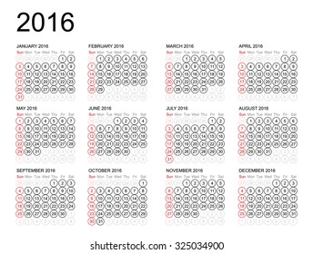 Calendar 2016 year on white background. Vector illustration.