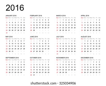 Calendar 2016 year on white background. Vector illustration.