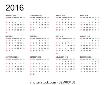 Calendar 2016 year on white background. Vector illustration.