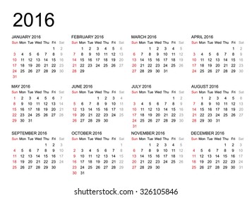 Calendar 2016 year on white background. Vector illustration.