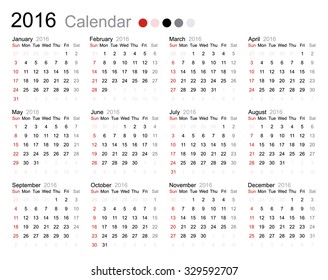 Calendar "2016" year on white background. Vector illustration.