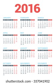 Calendar for 2016 Year on White Background. Week Starts Monday. Vector Design Print Template
