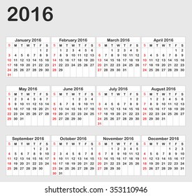 Calendar 2016 year on white background. Vector illustration.