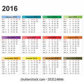 Calendar 2016 year on white background. Vector illustration.