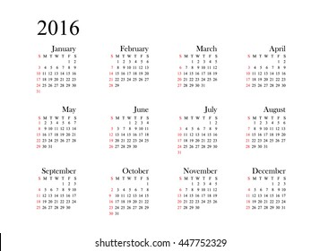 Calendar 2016 year on white background. Vector illustration.