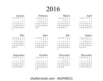 Calendar 2016 year on white background. Vector illustration.