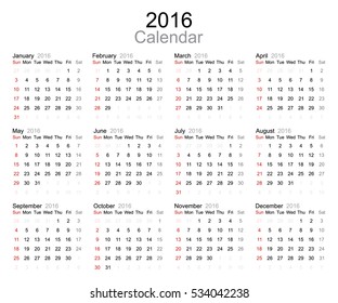 Calendar for 2016 year on white background. Vector EPS10.