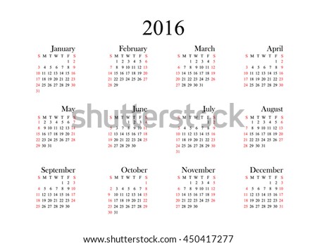 Calendar 2016 year on white background. Vector illustration.