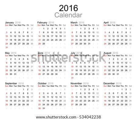 Calendar for 2016 year on white background. Vector EPS10.