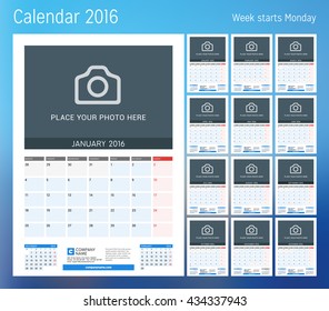 Calendar for 2016 year. Planner template. Vector design print template with place for photo. Week starts Monday. Set of 12 calendar pages. Stationery design