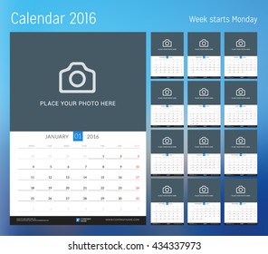 Calendar for 2016 year. Planner template. Vector design print template with place for photo. Week starts Monday. Set of 12 calendar pages. Stationery design