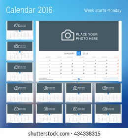 Calendar for 2016 year. Planner template. Vector design print template with place for photo. Week starts Monday. Set of 12 calendar pages. Stationery design