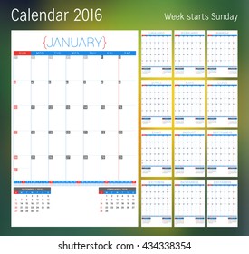 Calendar for 2016 year. Planner template. Vector design print template. Week starts Sunday. Set of 12 calendar pages. Stationery design