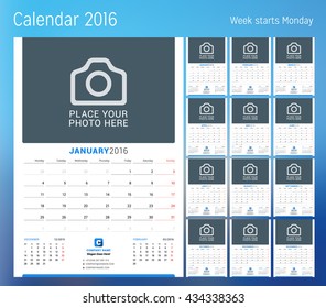 Calendar for 2016 year. Planner template. Vector design print template with place for photo. Week starts Monday. Set of 12 calendar pages. Stationery design