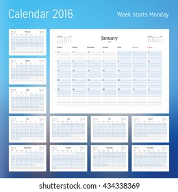 Calendar for 2016 year. Planner template. Vector design print template. Week starts Monday. Set of 12 calendar pages. Stationery design