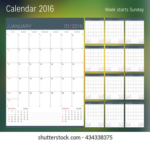 Calendar for 2016 year. Planner template. Vector design print template. Week starts Sunday. Set of 12 calendar pages. Stationery design