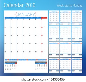 Calendar for 2016 year. Planner template. Vector design print template. Week starts Monday. Set of 12 calendar pages. Stationery design