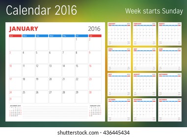 Calendar for 2016 year. Planner template. Vector design print template. Week starts Sunday. Set of 12 calendar pages. Stationery design
